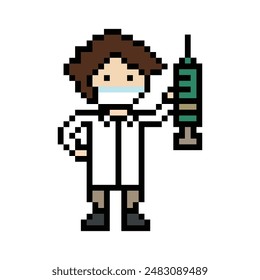 Cute pixel caricatura 8 bits personaje hombre doctor o científico juego cuidado para la decoración farmacéutico médico masculino en el Vector de arte de píxel masculino de 8 bits.