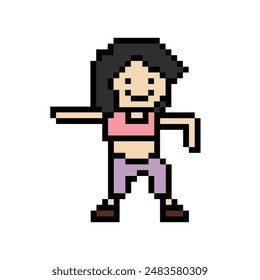 Cute pixel cartoon 8bit character woman exercises training dance lifestyle music decoration life style 8 bit female girl dance with music game fitness isolated vector.