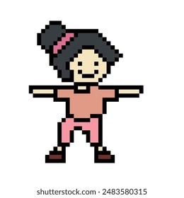 Cute pixel cartoon 8bit character woman exercises training dance lifestyle music decoration life style 8 bit female girl dance with music game fitness isolated vector.