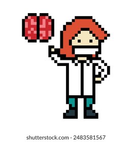 Cute pixel cartoon 8bit character woman doctor or scientist game care for decoration pharmacist female doctor in hospital 8 bit male pixel art vector.