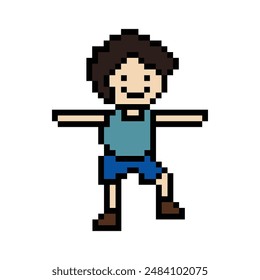 Cute pixel cartoon 8bit character man exercises training dance lifestyle music decoration life style 8 bit male boy dance with music game fitness isolated vector.