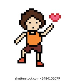 Cute pixel cartoon 8bit character man exercises training dance lifestyle music decoration life style 8 bit male boy dance with music game fitness isolated vector.