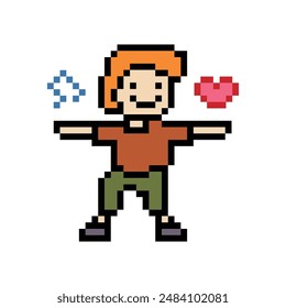 Cute pixel cartoon 8bit character man exercises training dance lifestyle music decoration life style 8 bit male boy dance with music game fitness isolated vector.