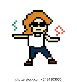 Cute pixel cartoon 8bit character woman exercises training dance lifestyle music decoration life style 8 bit female girl dance with music game fitness isolated vector.