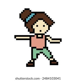 Cute pixel cartoon 8bit character woman exercises training dance lifestyle music decoration life style 8 bit female girl dance with music game fitness isolated vector.
