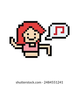 Cute pixel cartoon 8bit character woman exercises training dance lifestyle music decoration life style 8 bit female girl dance with music game fitness isolated vector.