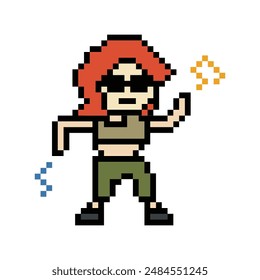 Cute pixel cartoon 8bit character woman exercises training dance lifestyle music decoration life style 8 bit female girl dance with music game fitness isolated vector.