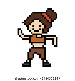 Cute pixel cartoon 8bit character woman exercises training dance lifestyle music decoration life style 8 bit female girl dance with music game fitness isolated vector.