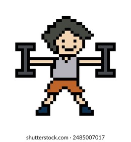 Cute pixel cartoon 8bit character man weight training with dumbbell lifestyle lifting gym decoration life style 8 bit male boy weight fitness isolated vector.