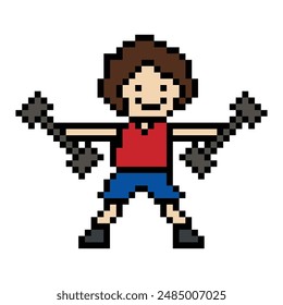 Cute pixel cartoon 8bit character man weight training with dumbbell lifestyle lifting gym decoration life style 8 bit male boy weight fitness isolated vector.