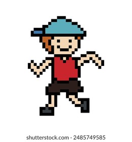 Cute pixel cartoon 8bit character man run or running jog cardio lifestyle for decoration life style 8 bit male boy jog marathon exercise png vector.