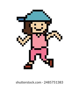 Lindo pixel caricatura 8 bit personaje mujer correr o correr jog cardio estilo de vida para la decoración estilo de vida 8 bit mujer jog maratón ejercicio Vector.