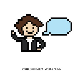 Cute pixel cartoon 8bit character man with chat blank decoration 8 bit male boy say speak discuss idea chat box cartoon pixel game vector.