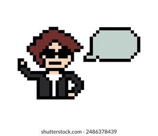 Cute pixel cartoon 8bit character man with chat blank decoration 8 bit male boy say speak discuss idea chat box cartoon pixel game vector.