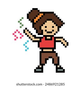 Cute pixel caricatura 8 bit personaje mujer ejercicios de entrenamiento baile estilo de vida decoración de la música estilo de vida 8 bit chica baile con la música juego fitness Vector aislado.