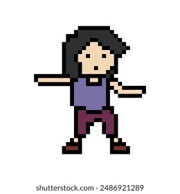 Cute pixel cartoon 8bit character woman exercises training dance lifestyle music decoration life style 8 bit female girl dance with music game fitness isolated vector.