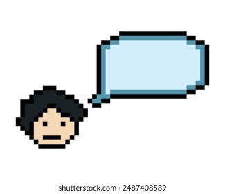Cute pixel cartoon 8bit character man with chat blank decoration 8 bit male boysay speak discuss idea chat box cartoon pixel game vector.