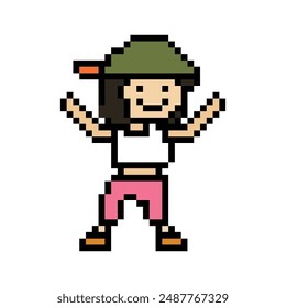Cute pixel cartoon 8bit character woman exercises training dance lifestyle music decoration life style 8 bit female girl dance with music game fitness isolated vector.