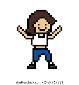 Cute pixel cartoon 8bit character woman exercises training dance lifestyle music decoration life style 8 bit female girl dance with music game fitness isolated vector.