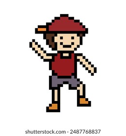 Netter Pixel Cartoon 8bit Charakter Mann trainiert Tanz Lifestyle Musikdekoration Lebensstil 8 bit männlicher Boydance mit Musikspiel Fitness Isolierte Vektorgrafik.