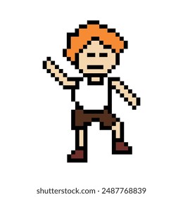 Cute pixel cartoon 8bit character man exercises training dance lifestyle music decoration life style 8 bit male boy dance with music game fitness isolated vector.