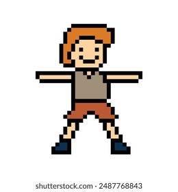 Lindo pixel caricatura 8 bits personaje hombre ejercicios entrenamiento baile estilo de vida decoración de la música estilo de vida 8 bit chico baile con la música juego fitness Vector aislado.