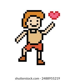 Cute pixel cartoon 8bit character man exercises training dance lifestyle music decoration life style 8 bit male boy dance with music game fitness isolated vector.