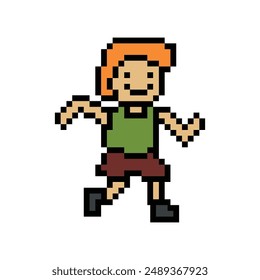 Cute pixel cartoon 8bit character man run or running jog cardio lifestyle for decoration life style 8 bit male boy jog marathon exercise vector.