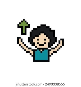 Cute pixel cartoon 8bit character man raise hand up happy with smile face lifestyle decoration 8 bit male boy happy face isolated PNG vector.