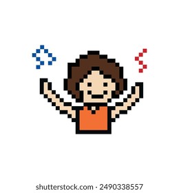 Cute pixel cartoon 8bit character man raise hand up happy with smile face lifestyle decoration 8 bit male boy happy face isolated PNG vector.