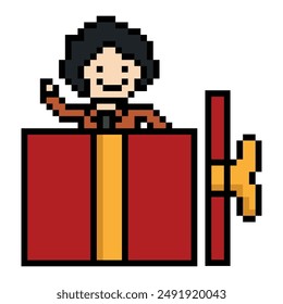 Cute pixel cartoon 8bit character man in gift box birthday christmas bonus reward surprise decoration 8 bit male boy give gift box shopping bonus christmas day game vector.