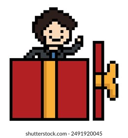 Cute pixel cartoon 8bit character man in gift box birthday christmas bonus reward surprise decoration 8 bit male boy give gift box shopping bonus christmas day game vector.