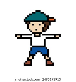 Cute pixel cartoon 8bit character man exercises training dance lifestyle music decoration life style 8 bit male boy dance with music game fitness isolated vector.