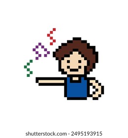 Cute pixel cartoon 8bit character man exercises training dance lifestyle music decoration life style 8 bit male boy dance with music game fitness isolated vector.