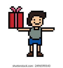 Cute pixel cartoon 8bit character man give gift box birthday christmas bonus reward surprise decoration 8 bit male boy give gift box shopping bonus christmas day game png vector.