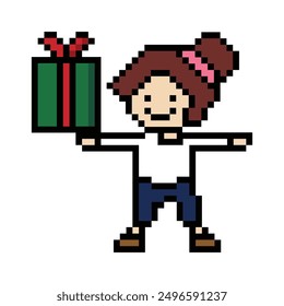 Cute pixel cartoon 8bit character woman give gift box birthday christmas bonus reward surprise decoration 8 bit female girl give gift box shopping bonus christmas day game vector.