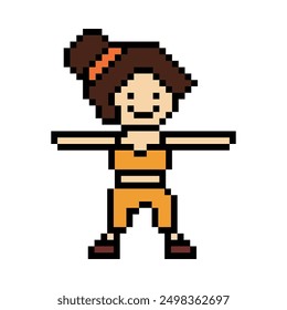 Cute pixel cartoon 8bit character woman exercises training dance lifestyle music decoration life style 8 bit female girl dance with music game fitness isolated vector.