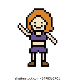 Cute pixel cartoon 8bit character woman exercises training dance lifestyle music decoration life style 8 bit female girl dance with music game fitness isolated vector.