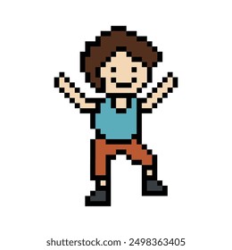 Cute pixel cartoon 8bit character man exercises training dance lifestyle music decoration life style 8 bit male boy dance with music game fitness isolated vector.