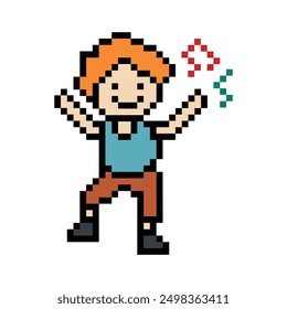 Cute pixel cartoon 8bit character man exercises training dance lifestyle music decoration life style 8 bit male boy dance with music game fitness isolated vector.