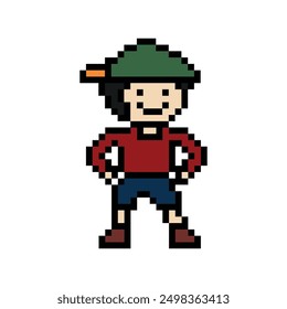 Cute pixel cartoon 8bit character man exercises training dance estilo de vida música decoración estilo de vida 8 bit masculino boy dance con juego de música fitness Vector aislado.