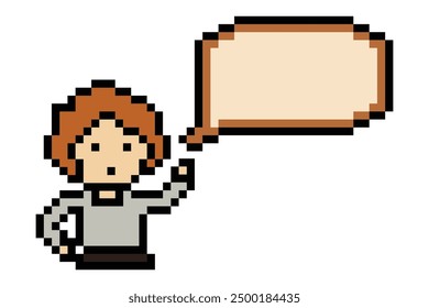 Cute pixel cartoon 8bit character man with chat blank decoration 8 bit male boy say speak discuss idea chat box cartoon pixel game png vector.