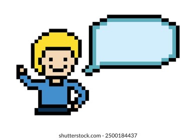 Cute pixel cartoon 8bit character man with chat blank decoration 8 bit male boy say speak discuss idea chat box cartoon pixel game png vector.