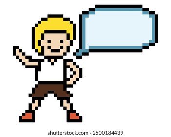 Hombre lindo del carácter de la historieta 8bit del pixel con la decoración en blanco del chat El muchacho masculino de 8 bits dice hablar de la idea Juego del pixel de la historieta de la caja del chat Vector del png.