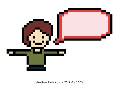 Cute pixel cartoon 8bit character man with chat blank decoration 8 bit male boy say speak discuss idea chat box cartoon pixel game png vector.