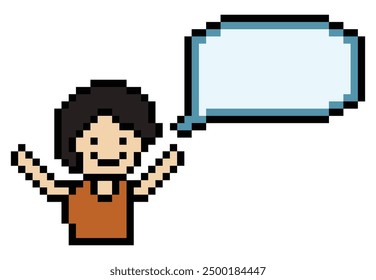 Cute pixel cartoon 8bit character man with chat blank decoration 8 bit male boy say speak discuss idea chat box cartoon pixel game png vector.