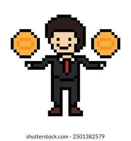 Cute pixel cartoon 8bit character business man businessman smart work game for decoration business 8 bit male career smart character game vector.