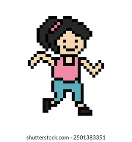 Cute pixel cartoon 8bit character woman lady run or running jog cardio lifestyle for decoration life style 8 bit female jog marathon exercise vector.