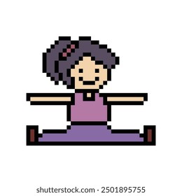 Cute pixel cartoon 8bit character woman lady aerobic yoga exercises training lifestyle stretch decoration life style 8 bit female girl exercise gym yoga fitness warm game vector.