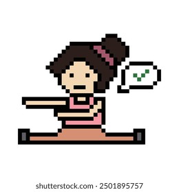 Cute pixel cartoon 8bit character woman lady aerobic yoga exercises training lifestyle stretch decoration life style 8 bit female girl exercise gym yoga fitness warm game vector.